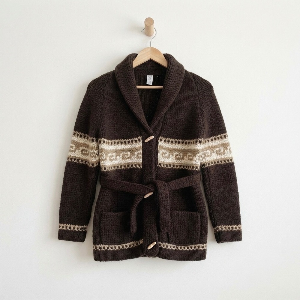 Vintage 70s Brown Cowichan Shawl Cardigan Sweater Belted Mexico Small Oversized